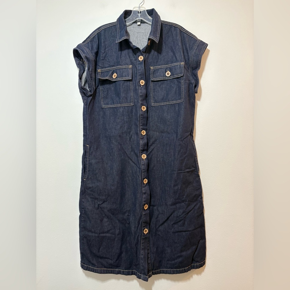 Kut From The Kloth Denim Dress Size L Button Down Shift Pockets Dark Blue